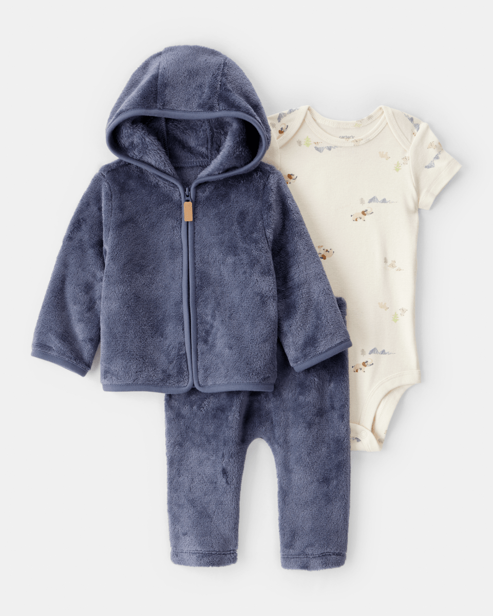 Conjunto tres piezas chaqueta de felpa con cremallera, body y pantalón azul marino - Carter's
