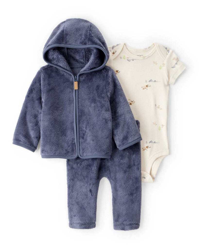 Conjunto tres piezas chaqueta de felpa con cremallera, body y pantalón azul marino - Carter's