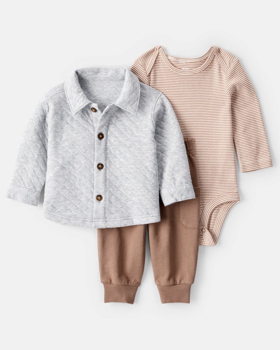 Conjunto tres piezas con cárdigan acolchado, body de rayas y pantalón - Carter's