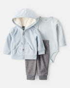 Conjunto tres piezas con cárdigan azul, body estampado y pantalón - Carter's