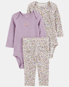 Conjunto tres piezas con dos bodies de algodón y calza con volantes, diseño floral