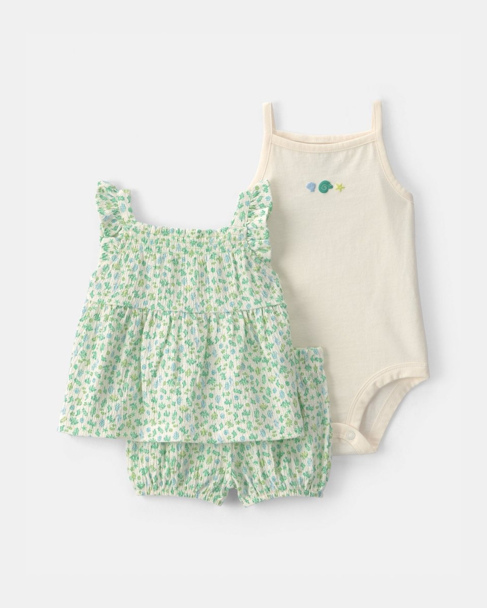 Conjunto tres piezas de algodón camiseta estampada, body y cubrepañal diseño floral - Carter's