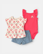 Conjunto tres piezas de algodón camiseta floral, body coral y cubrepañal - Carter's