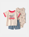 Conjunto de três peças de algodão com t-shirt gráfica, body e tapa-fraldas design caranguejo