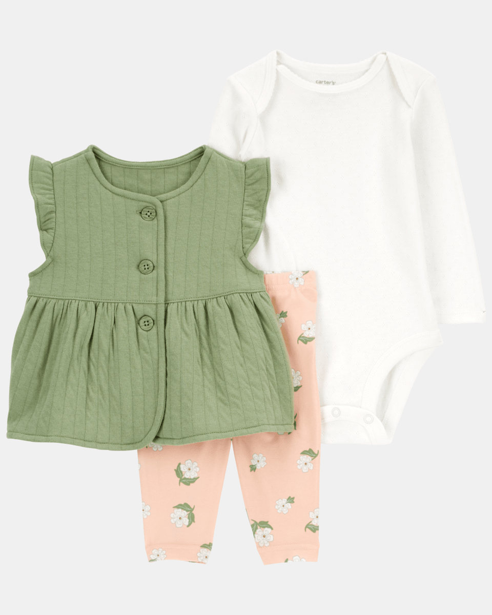 Conjunto tres piezas de algodón, chaleco capitoneado, pantalón y body calado, diseño floral - Carter's
