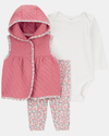 Conjunto de três peças em algodão, colete, calçass e body acolchoados, estampado floral