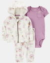 Conjunto de três peças em algodão, casaco, calças e body, estampado floral
