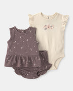 Conjunto tres piezas de algodón con blusa, body y cubrepañal diseño floral marrón - Carter's