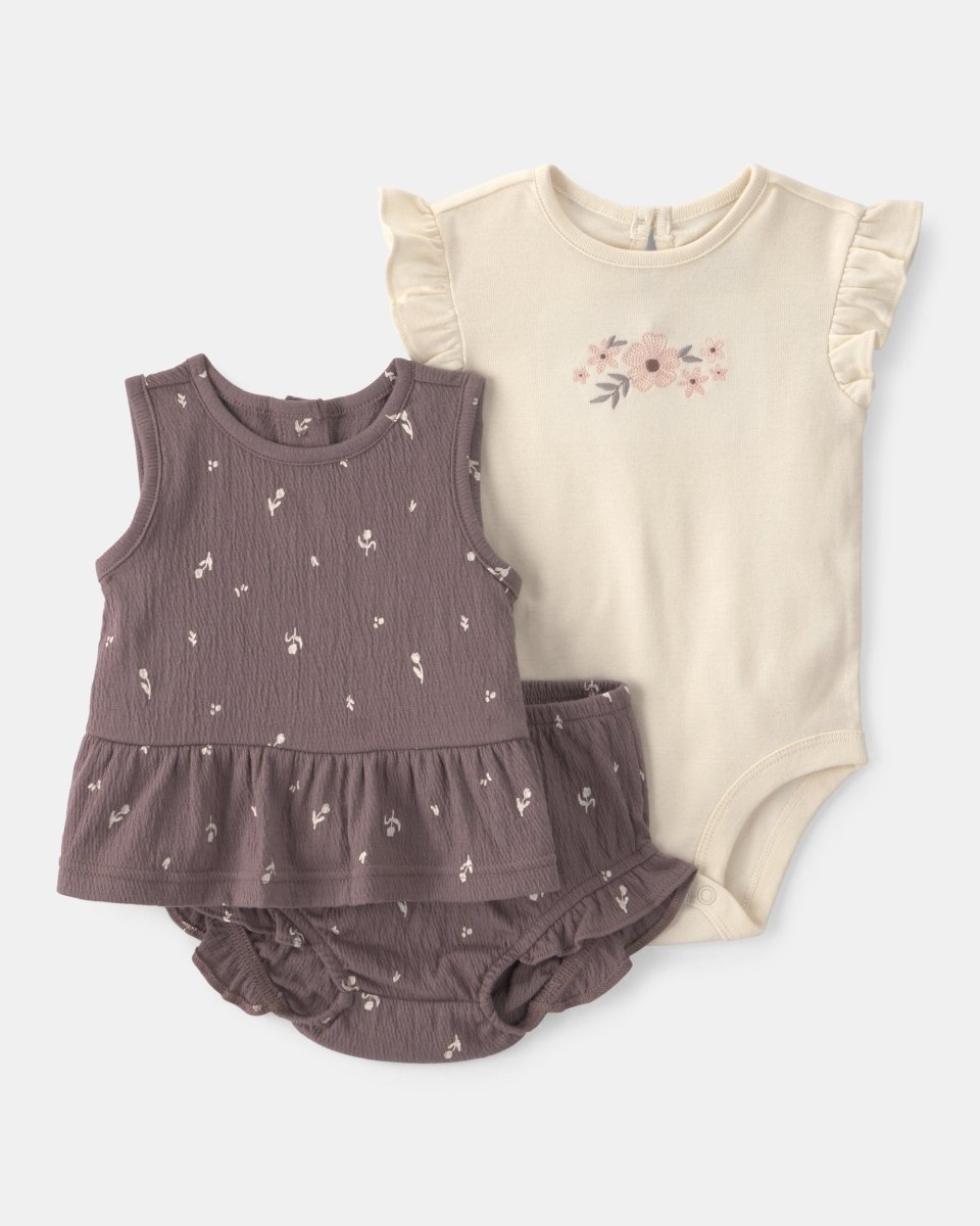 Conjunto tres piezas de algodón con blusa, body y cubrepañal diseño floral marrón - Carter's