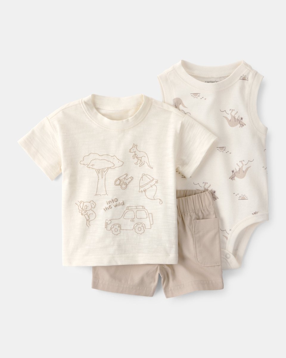 Conjunto tres piezas de algodón con camiseta, body y pantalón corto con diseño “Into the Wild” - Carter's