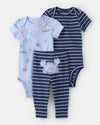 Three-piece cotton set with two bodysuits and pants, marine animal design
