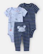 Conjunto tres piezas de algodón con dos bodies y pantalón, diseño animales marinos - Carter's