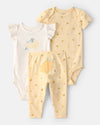 Three-piece cotton set with two bodysuits and pants, lemon design