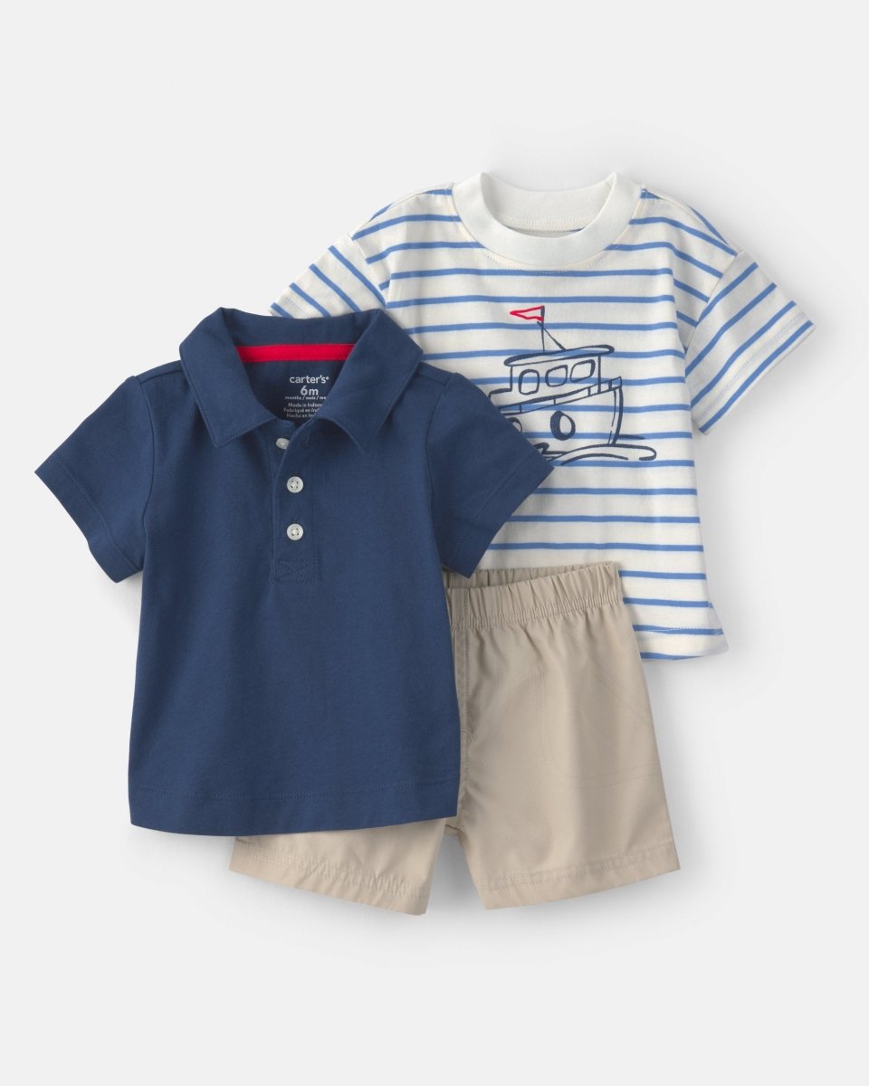 Conjunto tres piezas de algodón con polo, camiseta y pantalón corto con diseño náutico - Carter's