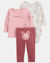 Conjunto tres piezas de algodón, pantalón, camiseta y body, diseño conejos