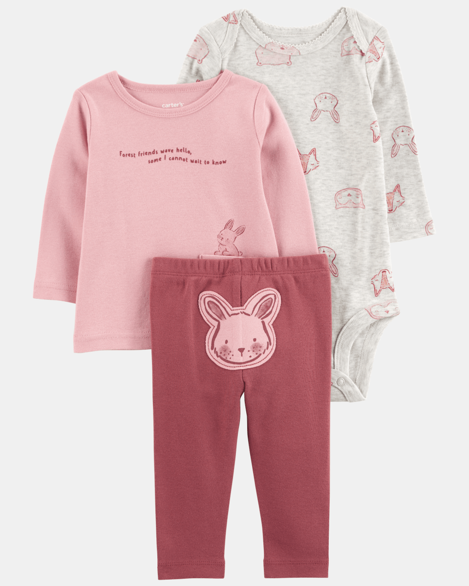Conjunto tres piezas de algodón, pantalón, camiseta y body, diseño conejos - Carter's