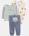 Conjunto tres piezas de algodón pantalón, camiseta y body diseño osos