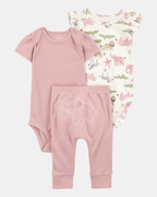Conjunto tres piezas de algodón, pantalón y dos bodies, diseño elefantes - Carter's