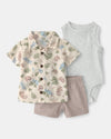 Three-piece linen and cotton set: shirt, bodysuit, and shorts with a desert design