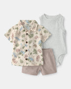 Conjunto tres piezas de lino y algodón camisa, body y pantalón corto con diseño desierto - Carter's