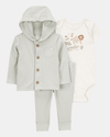 Conjunto de três peças com calças, body e casaco, estampado de leão
