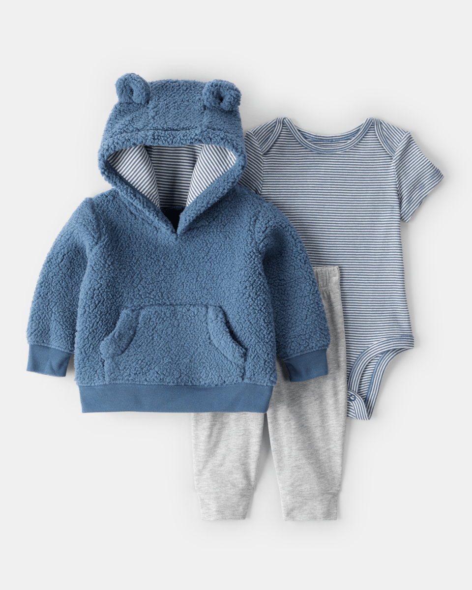 Conjunto tres piezas sudadera de borreguito con oso, body y pantalón azul - Carter's