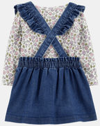 Conjunto tres piezas, vestido peto jean, camiseta y medias de algodón - Carter's