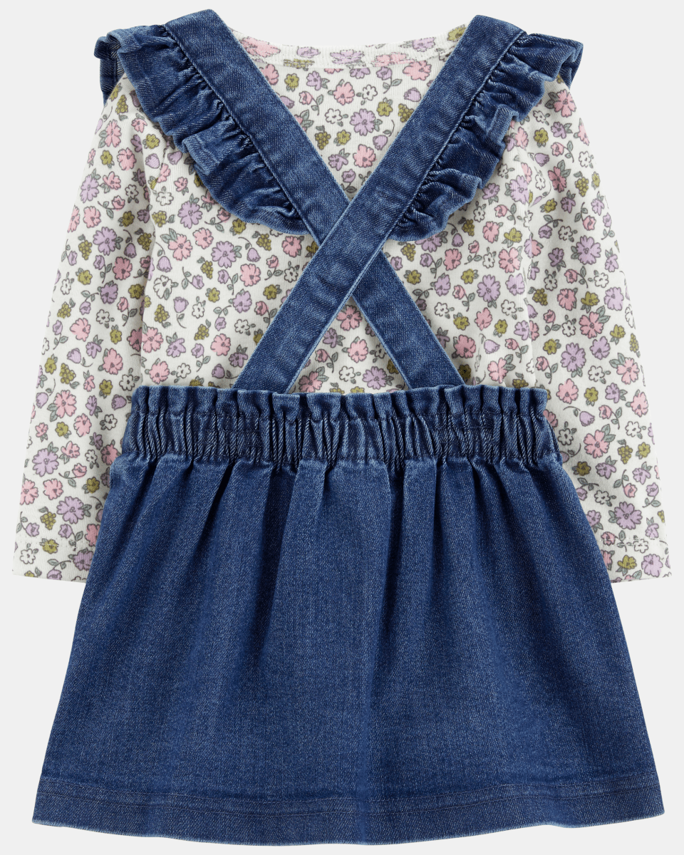 Conjunto tres piezas, vestido peto jean, camiseta y medias de algodón - Carter's
