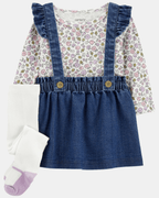 Conjunto tres piezas, vestido peto jean, camiseta y medias de algodón - Carter's