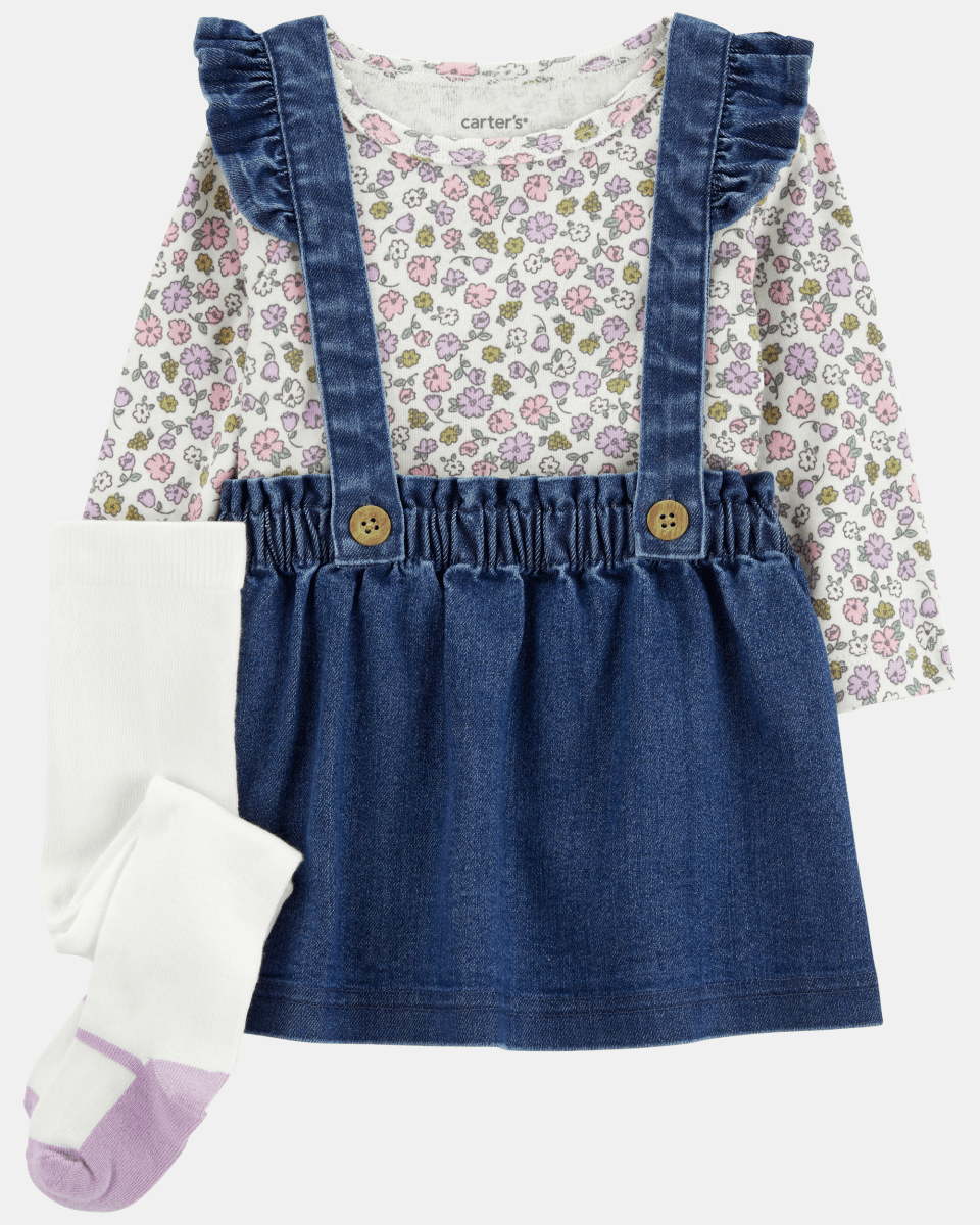 Conjunto tres piezas, vestido peto jean, camiseta y medias de algodón - Carter's