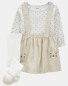 Three-piece set, pink corduroy dungaree dress, t-shirt, and cotton tights