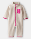 Pink two-tone fleece jumpsuit with zipper pocket