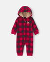 Hooded fleece coverall with zipper, red and black plaid