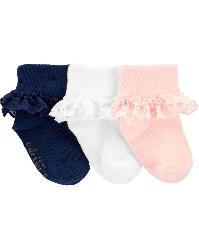 Pack 3 calcetines con volantes en rosa, blanco y azul marino - Carter's