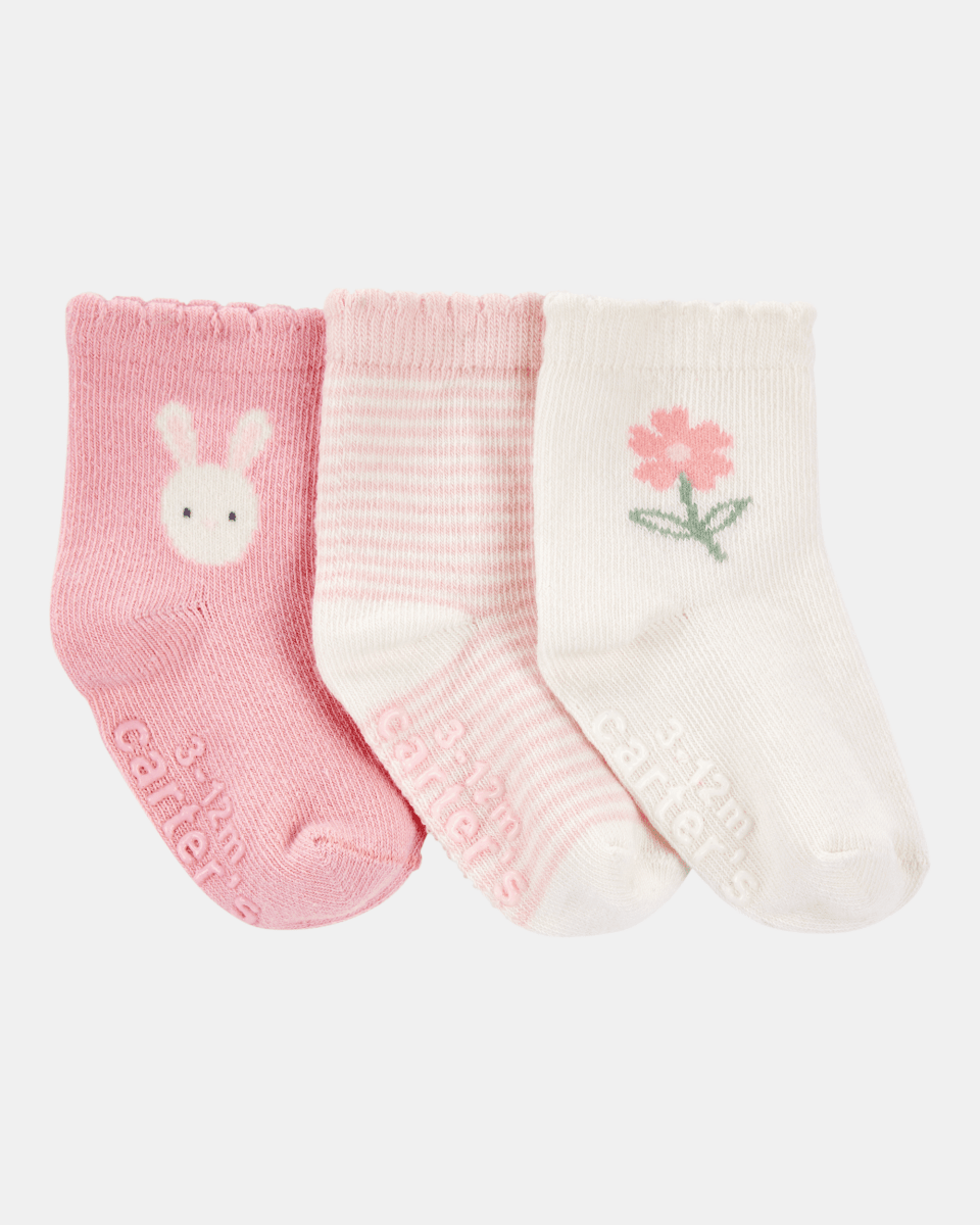 Pack 3 calcetines en rosa con rayas y estampados - Carter's