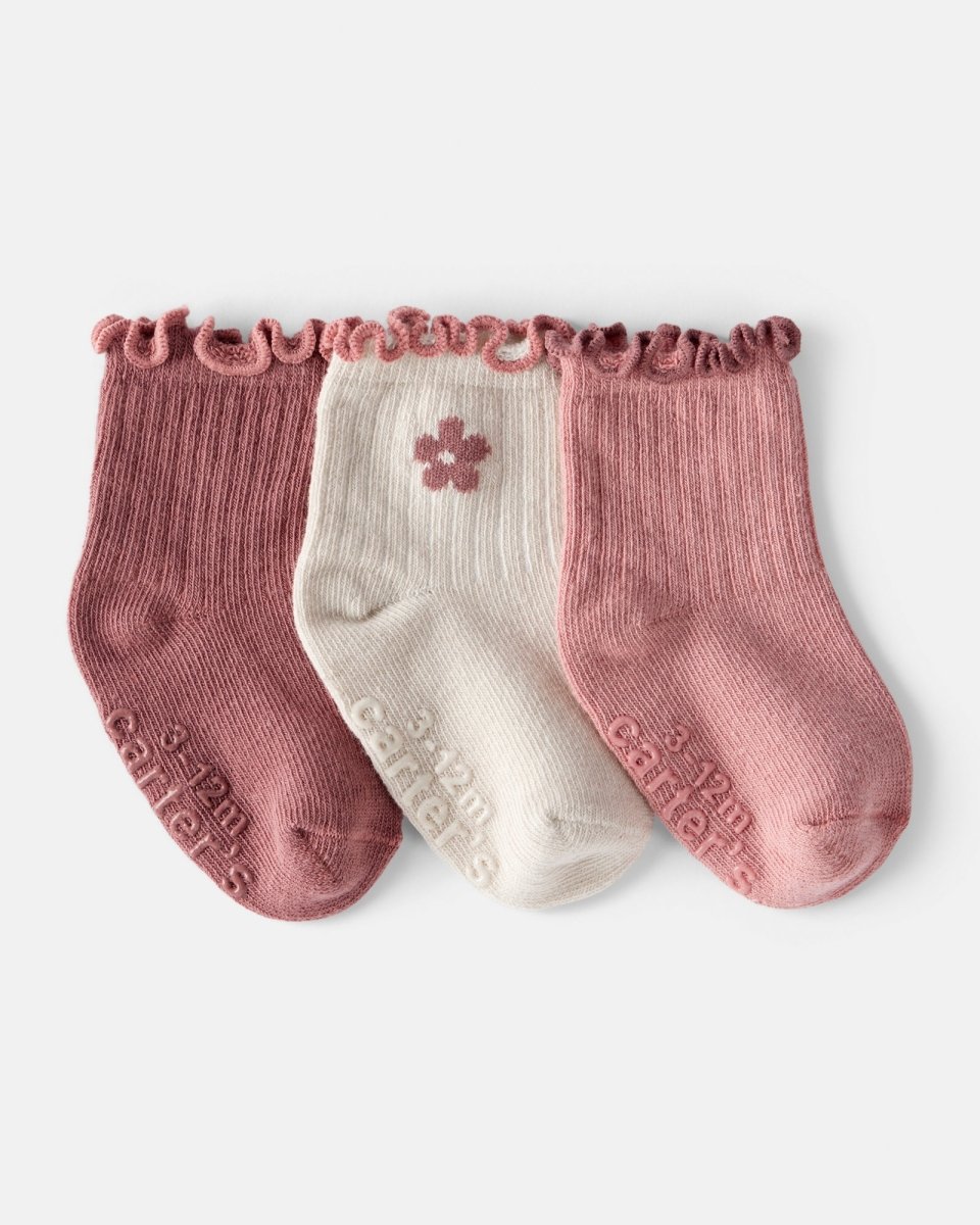 Pack 3 calcetines tobilleros de bebé con flores rosa/blanco - Carter's