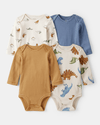 4-pack long-sleeved bodysuits with dinosaurs and stripes