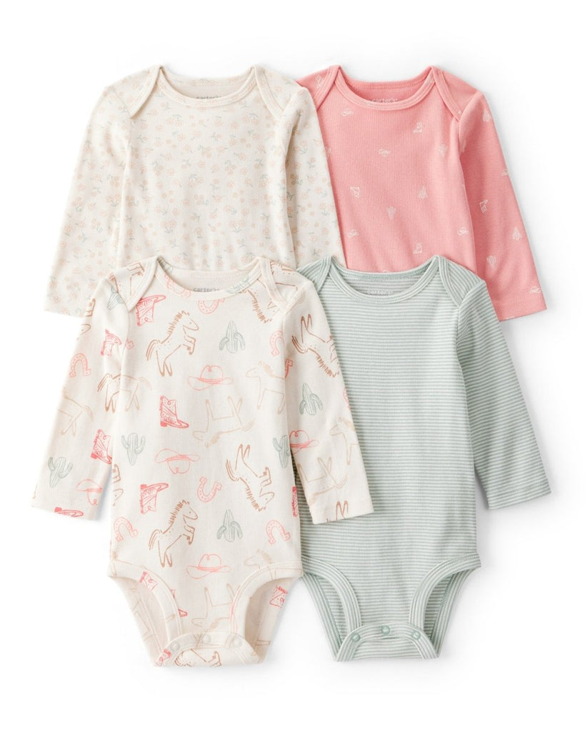 Pack 4 bodies de manga larga con rayas y motivos de vaquera para bebé niña - Carter's