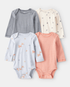 4-pack long-sleeved bodysuits in neutral tones with a horse print