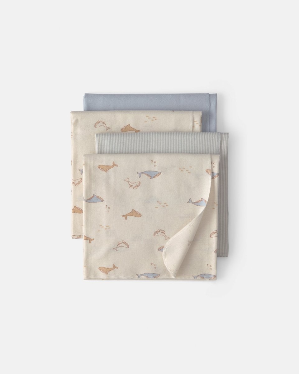 Pack 4 mantas de franela, ballenas en azul y marfil - Carter's