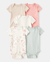 Pack of 5 short-sleeved bodysuits with flowers, horses, and stripes