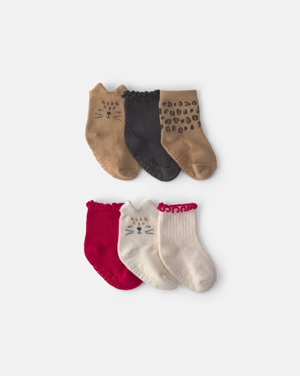 Pack 6 pares de calcetines tobilleros, gatos y leopardo - Carter's