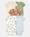 Pack of five cotton bodysuits, safari design