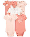 Pack of five cotton bodysuits, short sleeves, pink