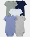 Pack of five short-sleeved cotton bodysuits, various colors