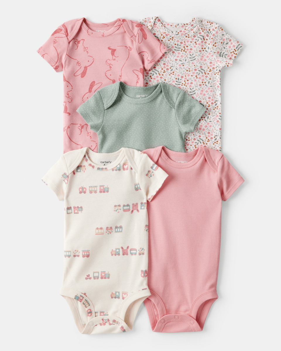 Pack cinco piezas body manga corta con tren y flores - Carter's