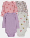 Pack cuatro bodies florales en púrpura con estampado de pajaritos