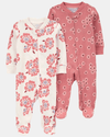 Pack of 2 cotton pajamas with feet, floral print