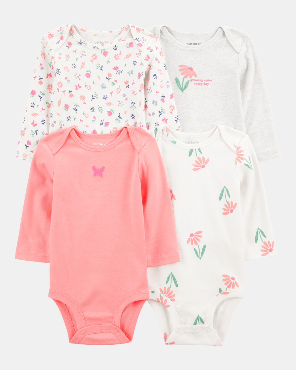 Pack de cuatro bodies de manga larga en rosa y gris con estampado floral - Carter's