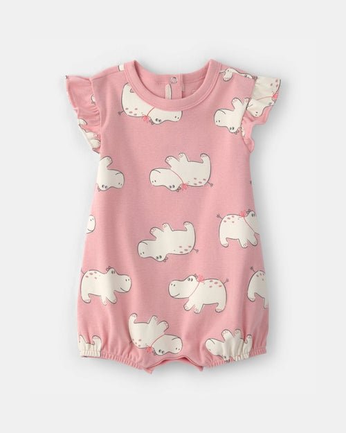 Cotton short romper with hippopotamus design